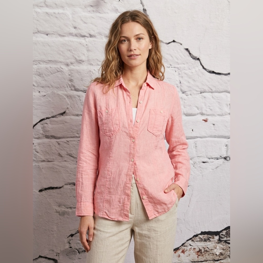 Tommy Bahama‎ Pastel Pink Button-Front 100% Linen Shirt Safari Natural Fabric
